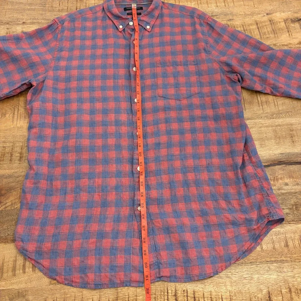 Banana Republic 100% Linen Button Up Shirt Mens Large Camden Fit Red Blue Check